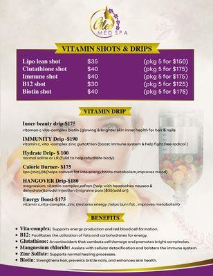 Our Vitamin shots and IV menu