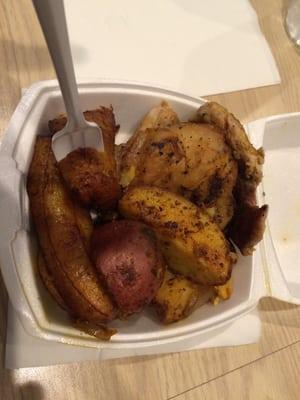 Mound of chicken, potatoes, and plantains. Only $5