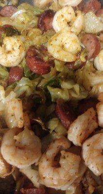 Cajun fried cabbage with sausage and shrimp, big seller