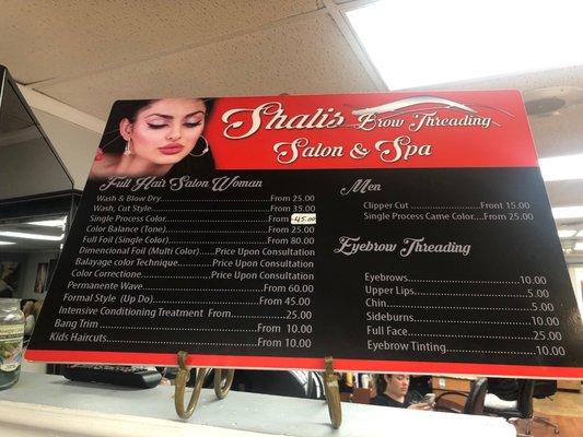 Price list at Shalis Salon & Spa