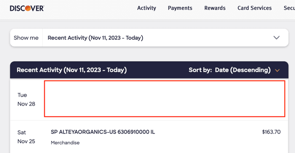 Discover charge showing full amount charged.