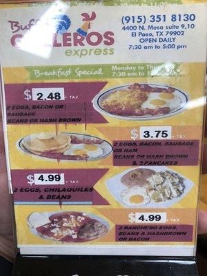 Breakfast specials as of 1/2/2020