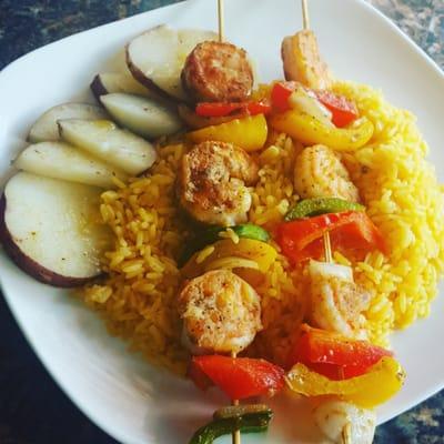 Shrimp Kabob Platter with Yellow Rice and Red Potatoes