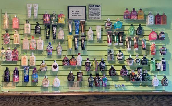 Over 100 varieties of tanning lotions to choose from including multiple Hempz moisturizers & lips balms.