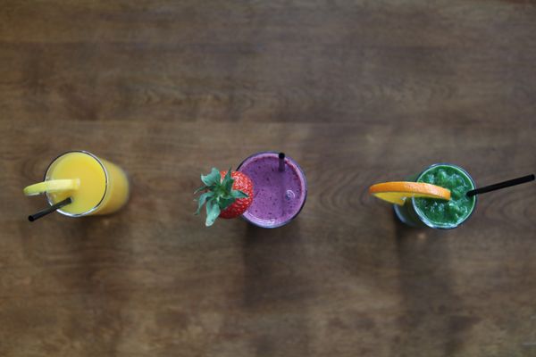 Fresh squeezed OJ, Forrest Berry Banana Smoothie, Kale Pineapple Smoothie. So happy, so healthy.