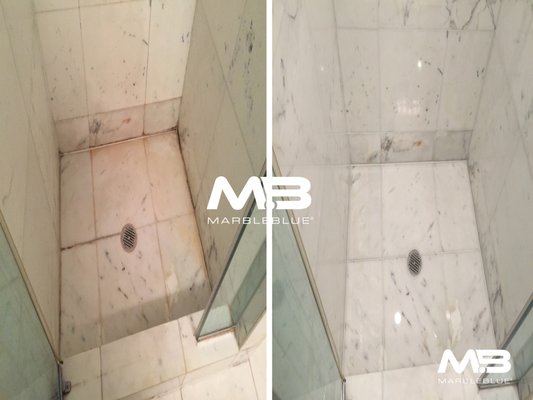 Marble shower restoration and stain removal