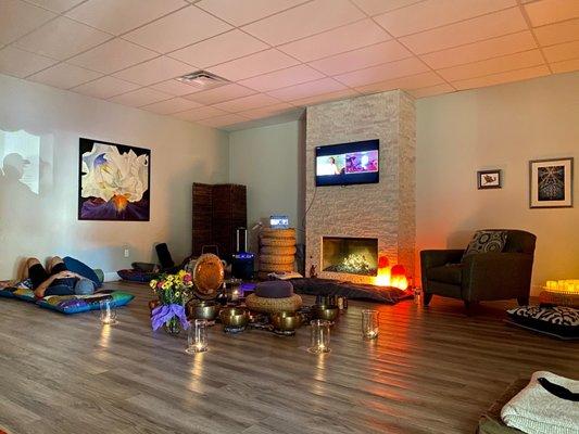 Singing bowls set up before a Breathwork Session in the Conscious Lounge.