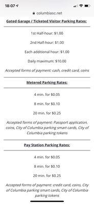 Rates of the different types of parking garages/lots of the City of Columbia. Taylor Street is metered.