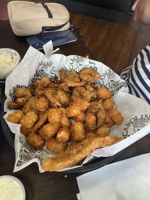 Fried shrimp and tots.