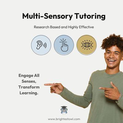 Teen student point to Brightest Owl's Mutli-sensory tutoring that is research-based and highly effective. Visit www.brightestowl.com