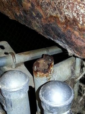 Jagged fence posts on a kennel gate that could cut a dog likena rusty serrated knife.