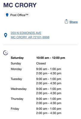 hours of operation for Mc Crory, Arkansas post office