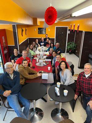 After a tough morning workout, masters swimmers from the Hillsborough YMCA are enjoying breakfast at Sabrina's.