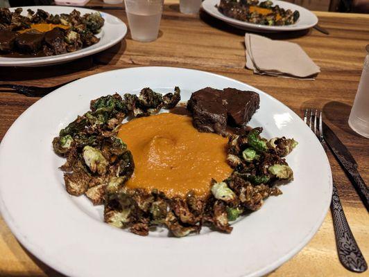 Short ribs with brussels and pumpkin puree