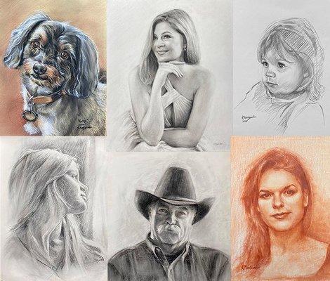 Portraits in oils, pastel, charcoal