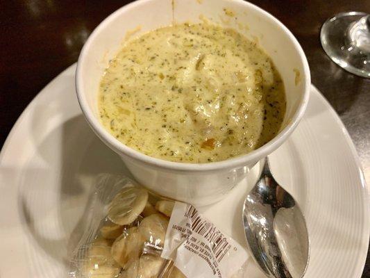 Broccoli cheddar soup in a paper bowl-was thick & flavorful