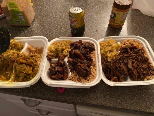 Curry chicken, oxtails tails, and brown chicken