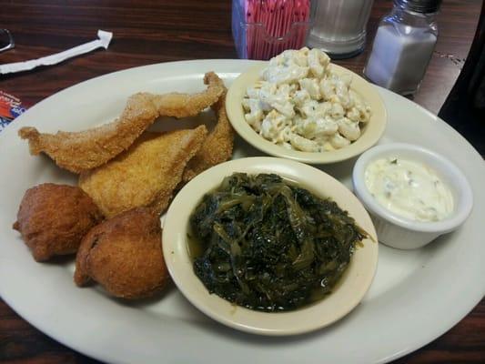 Fried catfish. The greens come reccomended.