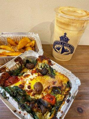 Green Baked Eggs, Potato Wedges & Aussie Iced Latte