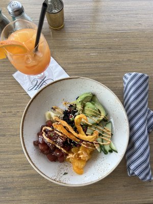 Ahi tuna poke bowl and mobile bay sunset