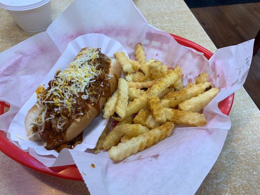 Chili dog with fries