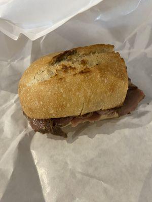 Excellent crispy French bread  delicious and I got roast beef and Swiss cheese. My partner had the club sandwich and he loved it as well.