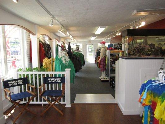 Photos of the Ship's Store at Wawasee Boat Company with Lake Wawasee Apparel and more.