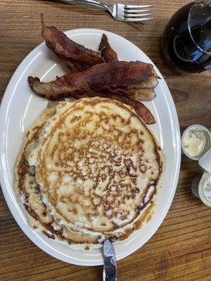 Two pancakes and side of bacon