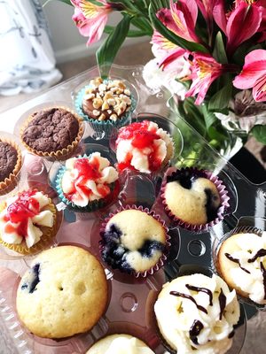 Variety Mini box with fudge brownies, caramel pretzel brownies, blueberry muffins, strawberry shortcake, and vanilla cupcakes.