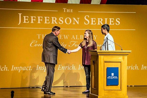 New Albany High School Students welcome General David Petraeus to the stage for the New Albany Community Foundation's Jeffers...