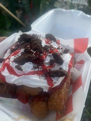 MINI CHURROS WITH TOPPINGS (WHIPPED CREAM, OREOS , AND STRAWBERRY  DRIZZLE)