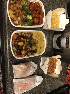 Dragon and Phoenix. Shrimp Lo Mein. Kung Pao Chicken. Egg Rolls. Spring Rolls. Side of fried rice.