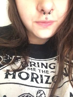 Both piercings done by Jess. Septum is months old, philtrum is merely days old in this picture.