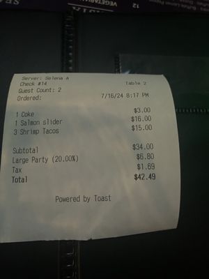 Bill with large party gratuity for 2 ppl!