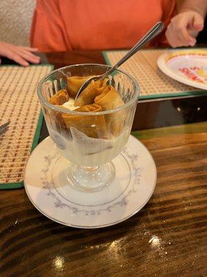 Fried Banana Crisp over Vanilla ice Cream