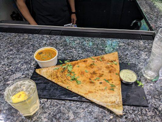 Dosa with Sambar and coconut chutney! And a Margarita!