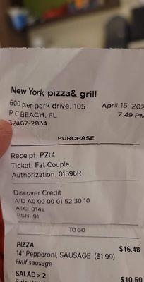 Receipt with offensive description