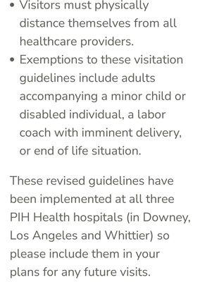 PIH updated covid restrictions