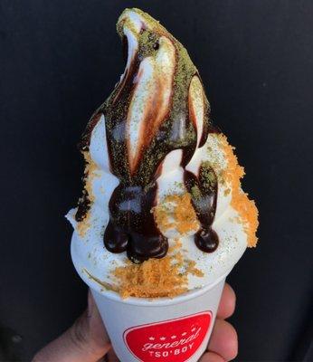 Almond Cookie Soft Serve with Matcha Chocolate Fudge