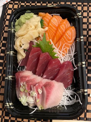 Tri-Color sashimi - take out: generous portions of tuna, salmon and yellowtail (extra ginger and wasabi)