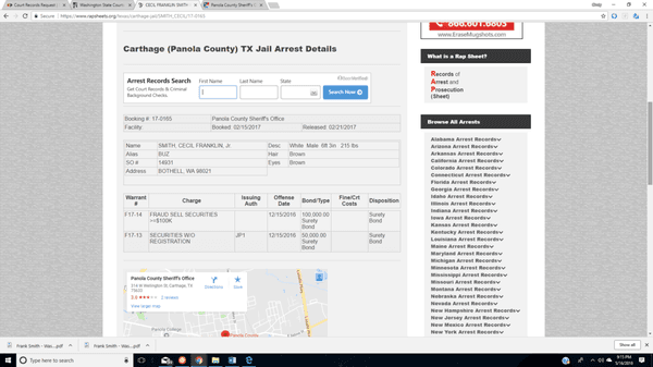 This  is an arrest record for Frank Smith of Experience Park Tours