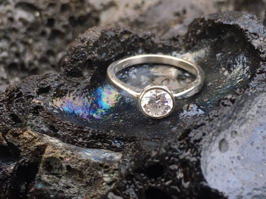 The engagement ring in a lava bubble after we got engaged in Hawaii at Volcano National Park.