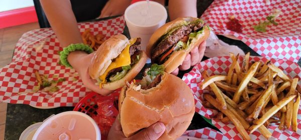 Junior cheeseburger and  guacamole burger and egg Burger