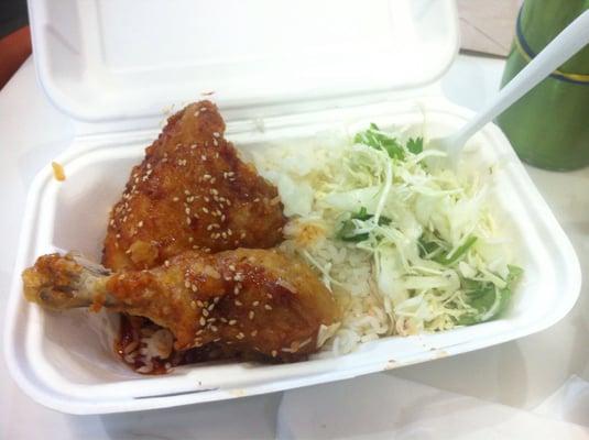 Fried chicken dark meat thigh and drum w rice and slaw, $10 Seoulful Korean fried chicken truck