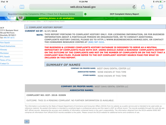 I believe this is my complaint. I haven’t heard back from Dept of Commerce and Consumer Affairs yet.