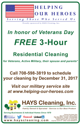 Free 3-hour Cleaning for Veterans & Military Families, November-December