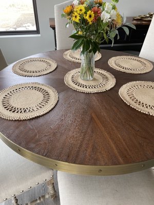 Beautiful walnut and antique gold modern table