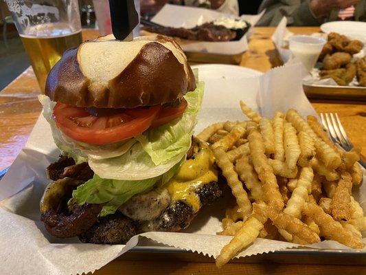 Corner Stone burger with fries.