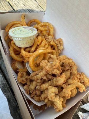 Clam strips + curly fry basket