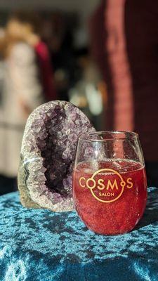 Grand Opening signature cocktail; The Cosmos  (Glitter & sphere shaped cubes representing our planets)